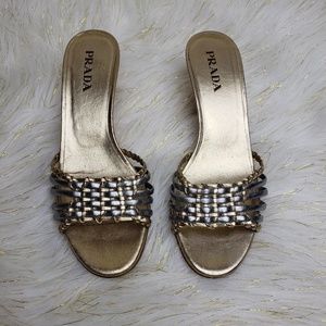 Prada Vintage Metallic Leather Rattan Wedge Sz 6